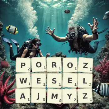 Kreatywna ilustracja do gry w Scrabble ze słowem POROZWESELAJMYZ ułożonym z płytek na planszy.