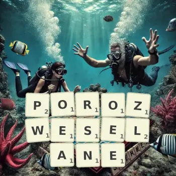 Kreatywna ilustracja do gry w Scrabble ze słowem POROZWESELANE ułożonym z płytek na planszy.