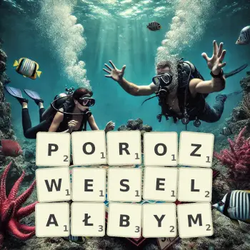 Kreatywna ilustracja do gry w Scrabble ze słowem POROZWESELAŁBYM ułożonym z płytek na planszy.