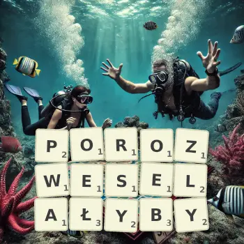 Kreatywna ilustracja do gry w Scrabble ze słowem POROZWESELAŁYBY ułożonym z płytek na planszy.
