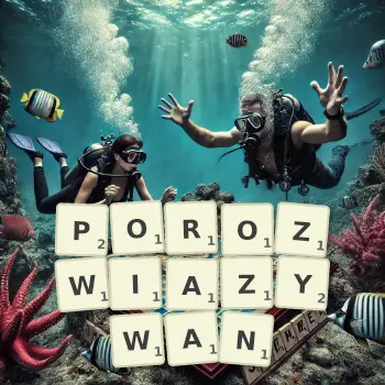 Kreatywna ilustracja do gry w Scrabble ze słowem POROZWIAZYWAN ułożonym z płytek na planszy.