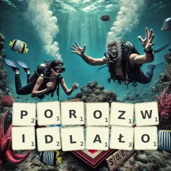 Kreatywna ilustracja do gry w Scrabble ze słowem POROZWIDLAŁO ułożonym z płytek na planszy.