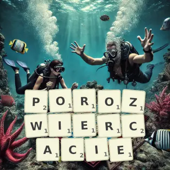 Kreatywna ilustracja do gry w Scrabble ze słowem POROZWIERCACIE ułożonym z płytek na planszy.