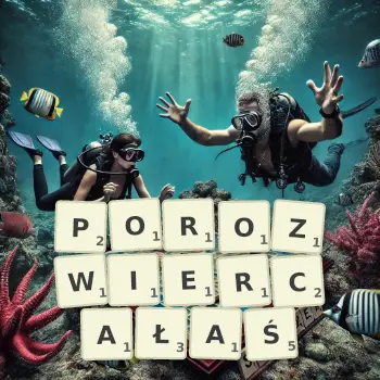 Kreatywna ilustracja do gry w Scrabble ze słowem POROZWIERCAŁAŚ ułożonym z płytek na planszy.