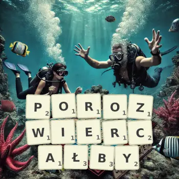 Kreatywna ilustracja do gry w Scrabble ze słowem POROZWIERCAŁBY ułożonym z płytek na planszy.