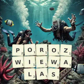 Kreatywna ilustracja do gry w Scrabble ze słowem POROZWIEWALAS ułożonym z płytek na planszy.