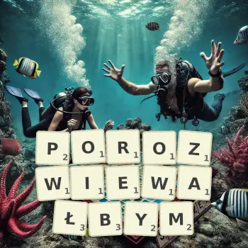 Kreatywna ilustracja do gry w Scrabble ze słowem POROZWIEWAŁBYM ułożonym z płytek na planszy.