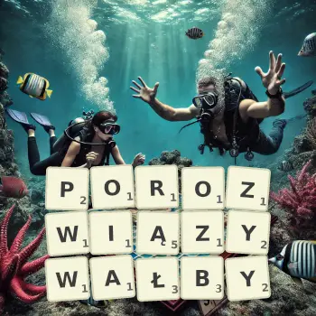 Kreatywna ilustracja do gry w Scrabble ze słowem POROZWIĄZYWAŁBY ułożonym z płytek na planszy.