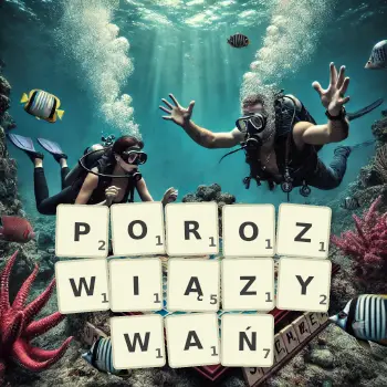 Kreatywna ilustracja do gry w Scrabble ze słowem POROZWIĄZYWAŃ ułożonym z płytek na planszy.