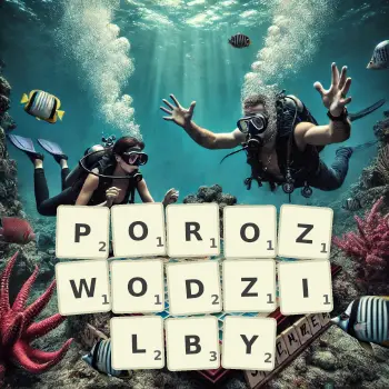 Kreatywna ilustracja do gry w Scrabble ze słowem POROZWODZILBY ułożonym z płytek na planszy.