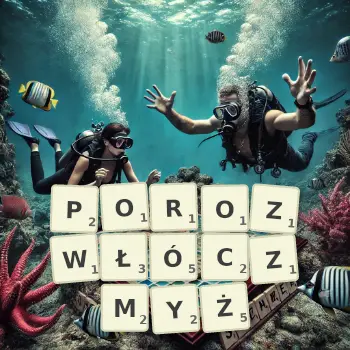 Kreatywna ilustracja do gry w Scrabble ze słowem POROZWŁÓCZMYŻ ułożonym z płytek na planszy.