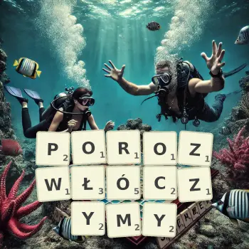 Kreatywna ilustracja do gry w Scrabble ze słowem POROZWŁÓCZYMY ułożonym z płytek na planszy.