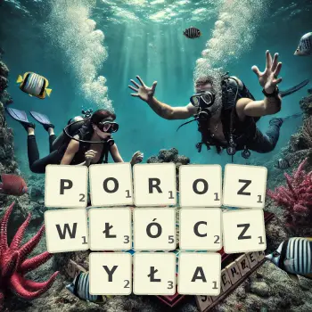 Kreatywna ilustracja do gry w Scrabble ze słowem POROZWŁÓCZYŁA ułożonym z płytek na planszy.