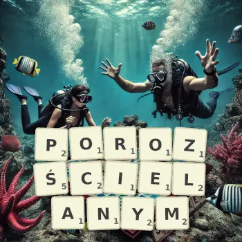 Kreatywna ilustracja do gry w Scrabble ze słowem POROZŚCIELANYM ułożonym z płytek na planszy.