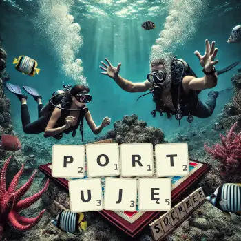 Kreatywna ilustracja do gry w Scrabble ze słowem PORTUJĘ ułożonym z płytek na planszy.