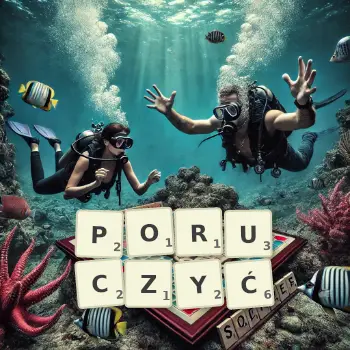 Kreatywna ilustracja do gry w Scrabble ze słowem PORUCZYĆ ułożonym z płytek na planszy.