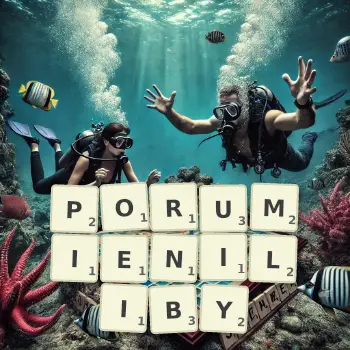 Kreatywna ilustracja do gry w Scrabble ze słowem PORUMIENILIBY ułożonym z płytek na planszy.
