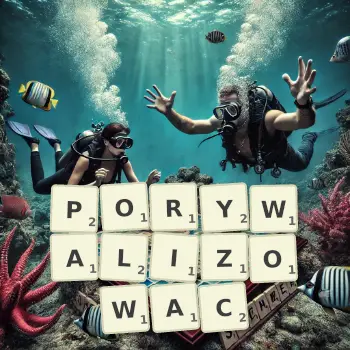 Kreatywna ilustracja do gry w Scrabble ze słowem PORYWALIZOWAC ułożonym z płytek na planszy.