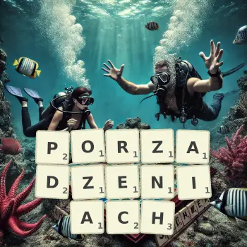 Kreatywna ilustracja do gry w Scrabble ze słowem PORZADZENIACH ułożonym z płytek na planszy.