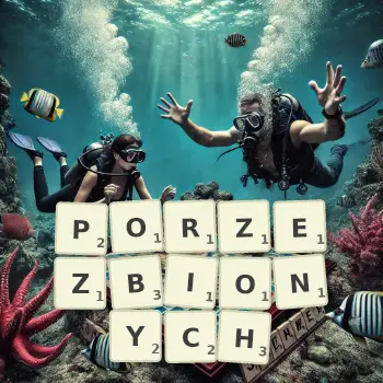 Kreatywna ilustracja do gry w Scrabble ze słowem PORZEZBIONYCH ułożonym z płytek na planszy.