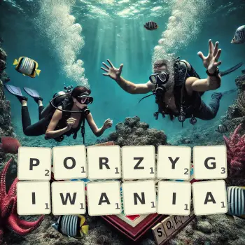 Kreatywna ilustracja do gry w Scrabble ze słowem PORZYGIWANIA ułożonym z płytek na planszy.