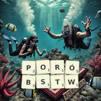 Kreatywna ilustracja do gry w Scrabble ze słowem PORÓBSTW ułożonym z płytek na planszy.