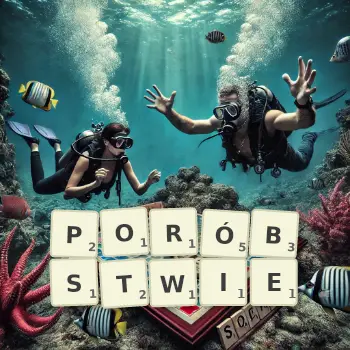 Kreatywna ilustracja do gry w Scrabble ze słowem PORÓBSTWIE ułożonym z płytek na planszy.