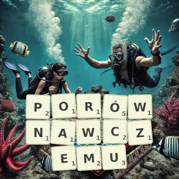 Kreatywna ilustracja do gry w Scrabble ze słowem PORÓWNAWCZEMU ułożonym z płytek na planszy.