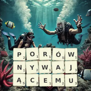 Kreatywna ilustracja do gry w Scrabble ze słowem PORÓWNYWAJĄCEMU ułożonym z płytek na planszy.