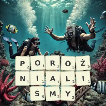 Kreatywna ilustracja do gry w Scrabble ze słowem PORÓŻNIALIŚMY ułożonym z płytek na planszy.