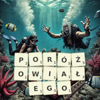 Kreatywna ilustracja do gry w Scrabble ze słowem PORÓŻOWIAŁEGO ułożonym z płytek na planszy.
