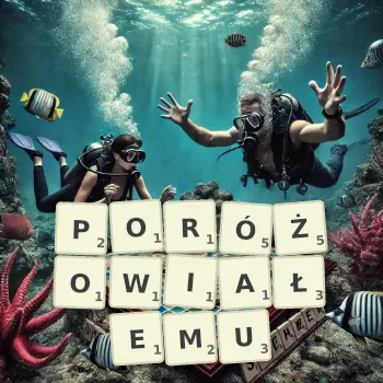 Kreatywna ilustracja do gry w Scrabble ze słowem PORÓŻOWIAŁEMU ułożonym z płytek na planszy.