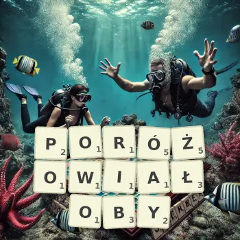 Kreatywna ilustracja do gry w Scrabble ze słowem PORÓŻOWIAŁOBY ułożonym z płytek na planszy.