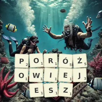 Kreatywna ilustracja do gry w Scrabble ze słowem PORÓŻOWIEJESZ ułożonym z płytek na planszy.