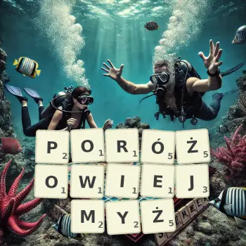 Kreatywna ilustracja do gry w Scrabble ze słowem PORÓŻOWIEJMYŻ ułożonym z płytek na planszy.