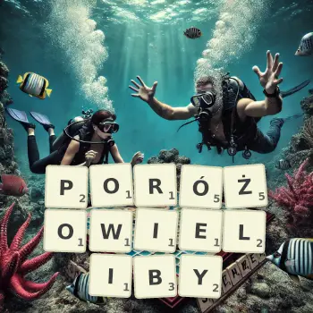 Kreatywna ilustracja do gry w Scrabble ze słowem PORÓŻOWIELIBY ułożonym z płytek na planszy.
