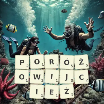 Kreatywna ilustracja do gry w Scrabble ze słowem PORÓŻOWIJCIEŻ ułożonym z płytek na planszy.