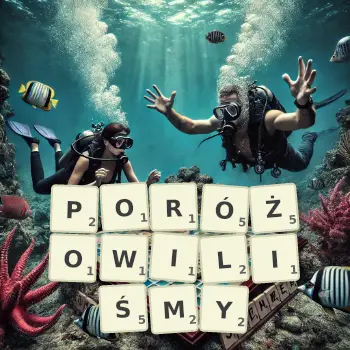 Kreatywna ilustracja do gry w Scrabble ze słowem PORÓŻOWILIŚMY ułożonym z płytek na planszy.