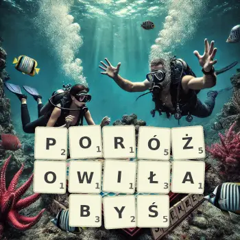 Kreatywna ilustracja do gry w Scrabble ze słowem PORÓŻOWIŁABYŚ ułożonym z płytek na planszy.