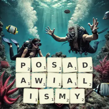 Kreatywna ilustracja do gry w Scrabble ze słowem POSADAWIALISMY ułożonym z płytek na planszy.