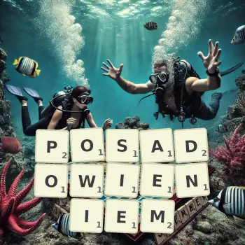 Kreatywna ilustracja do gry w Scrabble ze słowem POSADOWIENIEM ułożonym z płytek na planszy.