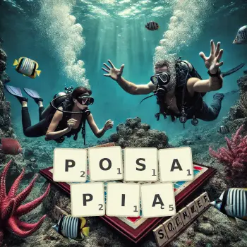 Kreatywna ilustracja do gry w Scrabble ze słowem POSAPIĄ ułożonym z płytek na planszy.