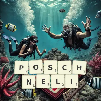 Kreatywna ilustracja do gry w Scrabble ze słowem POSCHNĘLI ułożonym z płytek na planszy.