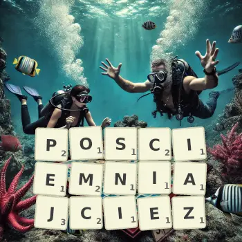 Kreatywna ilustracja do gry w Scrabble ze słowem POSCIEMNIAJCIEZ ułożonym z płytek na planszy.