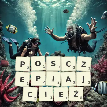 Kreatywna ilustracja do gry w Scrabble ze słowem POSCZEPIAJCIEŻ ułożonym z płytek na planszy.