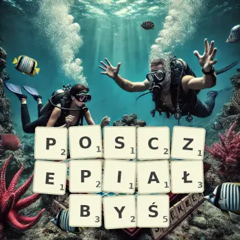 Kreatywna ilustracja do gry w Scrabble ze słowem POSCZEPIAŁBYŚ ułożonym z płytek na planszy.