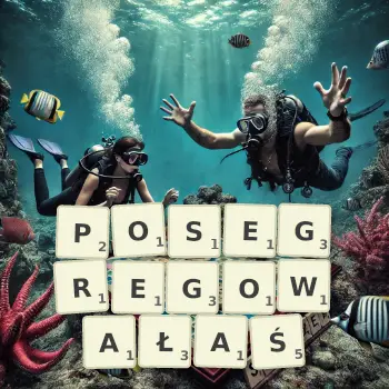 Kreatywna ilustracja do gry w Scrabble ze słowem POSEGREGOWAŁAŚ ułożonym z płytek na planszy.