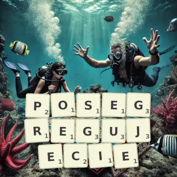 Kreatywna ilustracja do gry w Scrabble ze słowem POSEGREGUJECIE ułożonym z płytek na planszy.