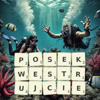 Kreatywna ilustracja do gry w Scrabble ze słowem POSEKWESTRUJCIE ułożonym z płytek na planszy.