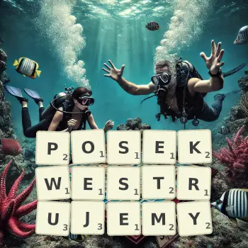 Kreatywna ilustracja do gry w Scrabble ze słowem POSEKWESTRUJEMY ułożonym z płytek na planszy.